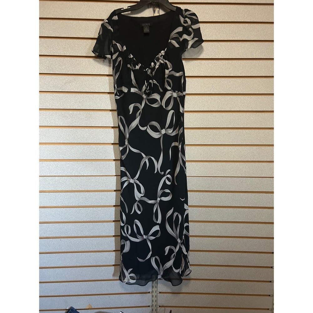 The Limited Silk Black White Bow Print Midi Dress Short Sleeve Tie Front Size 10